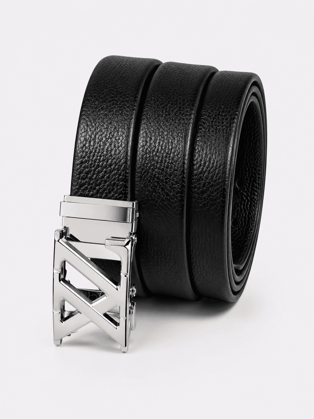 Men’s Black Leather Auto-Lock Belt with Silver-Tone Buckle