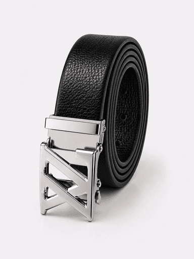 Men’s Black Leather Auto-Lock Belt with Silver-Tone Buckle