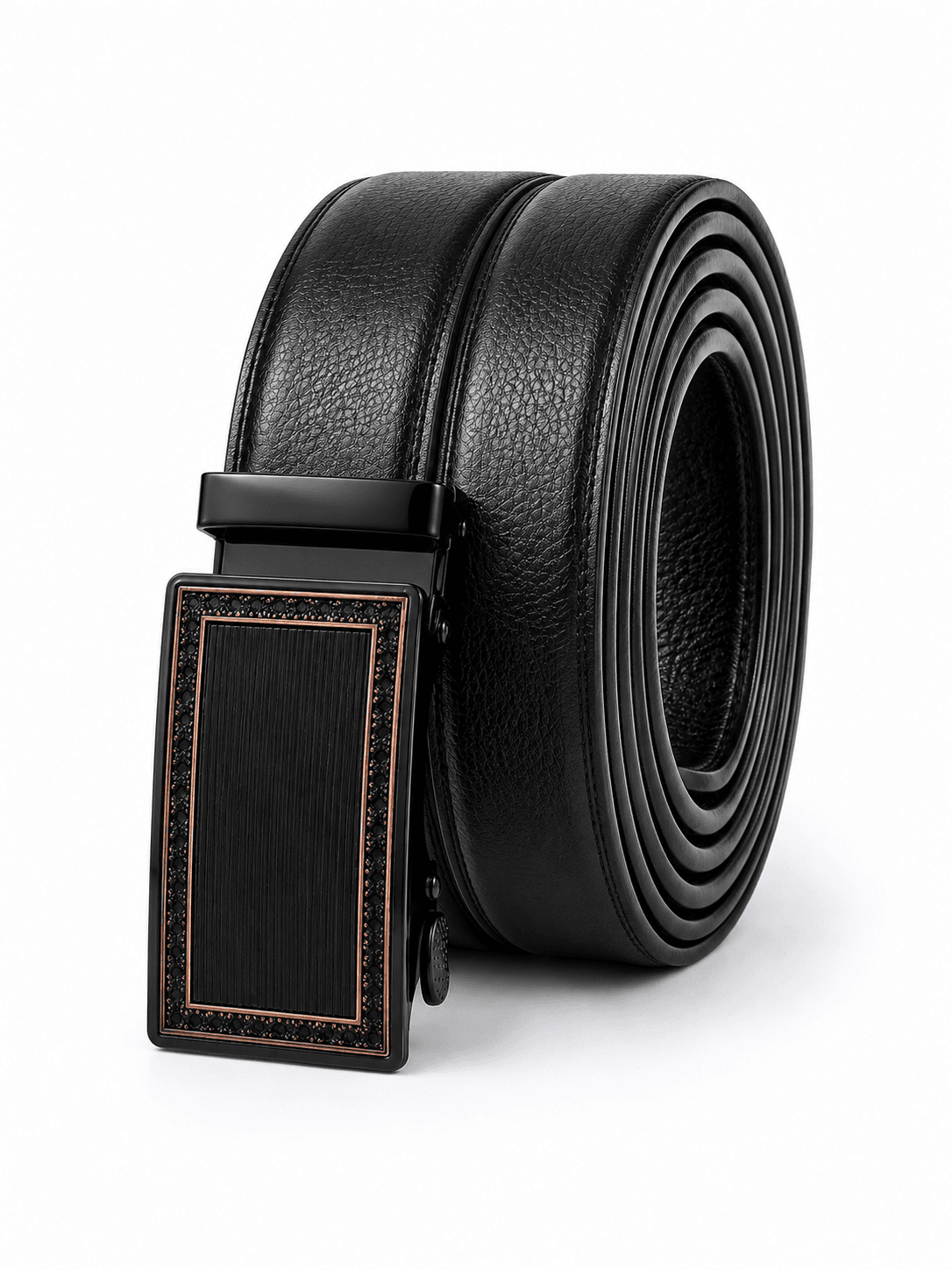 Men’s Black Leather Auto-Lock Belt with Copper-Accent Buckle