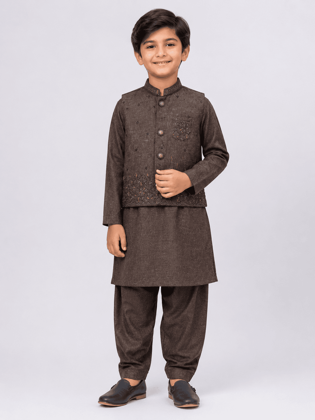 Boys’ Embroidered Kurta Pajama Suit with Waistcoat1 – 3 Piece Set