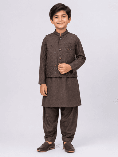 Boys’ Embroidered Kurta Pajama Suit with Waistcoat1 – 3 Piece Set