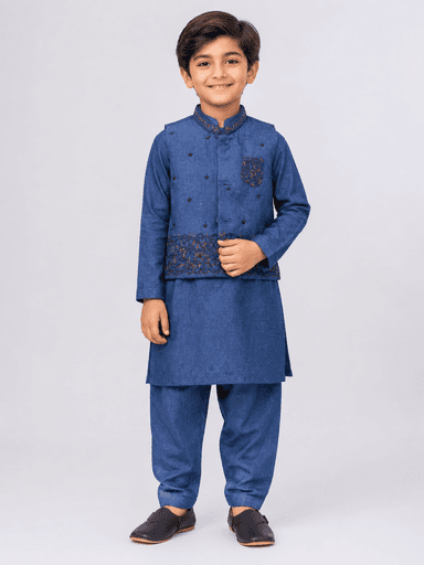 Boys’ Embroidered Kurta Pajama Suit with Waistcoat1 – 3 Piece Set