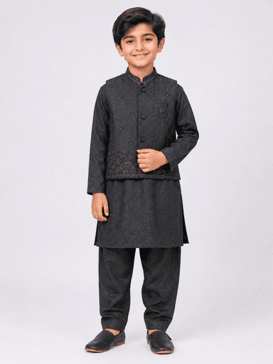 Boys’ Embroidered Kurta Pajama Suit with Waistcoat1 – 3 Piece Set