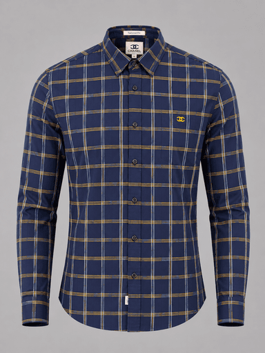 Men’s Navy Blue Cotton Checked Long-Sleeve Shirt