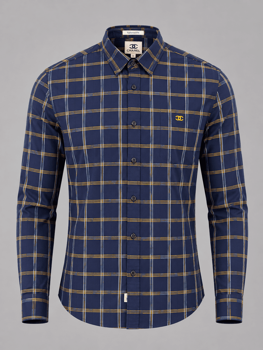 Men’s Navy Blue Cotton Checked Long-Sleeve Shirt