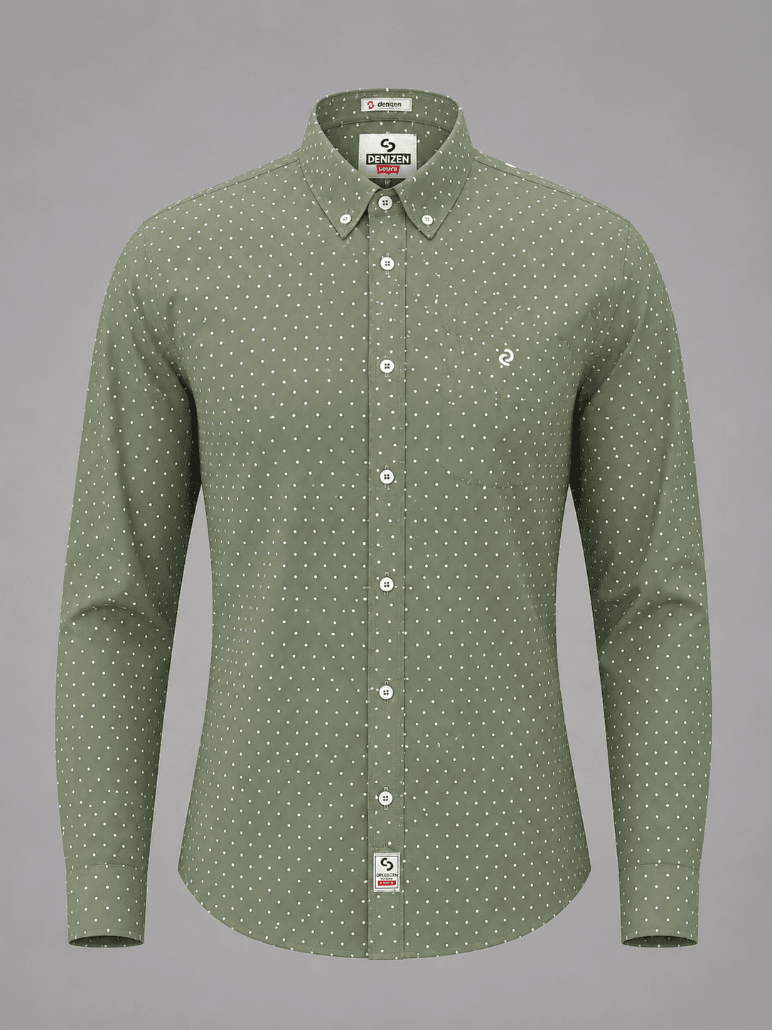 Men’s Sage Green Cotton Dotted Long-Sleeve Shirt