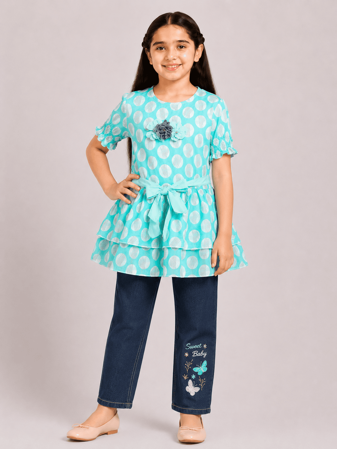 Girls’ Chiffon Printed Frock Top & Embroidered Denim Jeans 2-Piece Suit