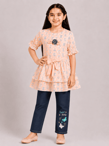 Girls’ Chiffon Printed Frock Top & Embroidered Denim Jeans 2-Piece Suit