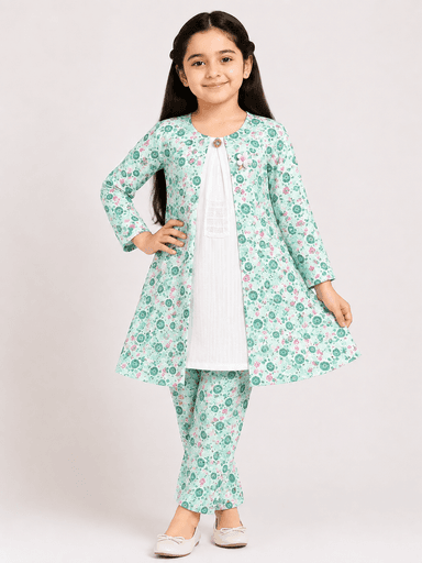 Girls’ printed chiffon 3-piece suit with long outer top, white inner shirt and matching printed trousers