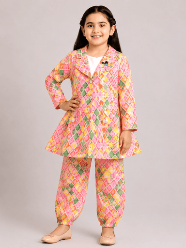 Girls’ Printed Chiffon 3-Piece Suit – Long Top, Inner Shirt & Matching Trousers