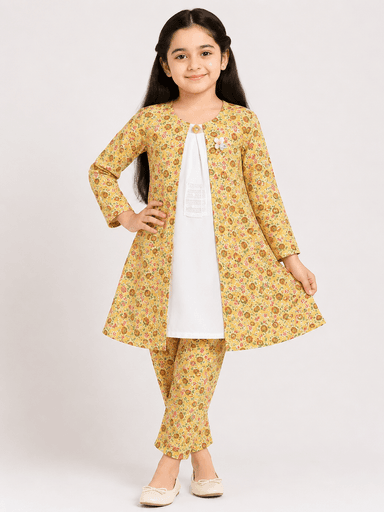 Girls’ Printed Chiffon 3-Piece Suit – Long Top, Inner Shirt & Matching Trousers