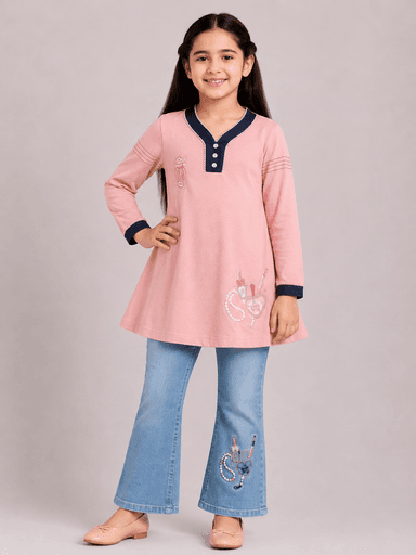 Girls’ Jersey Long Top & Embellished Denim Jeans 2-Piece Suit