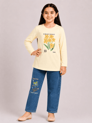 Girls’ Printed Jersey Long-Sleeve Top & Denim Jeans 2-Piece Suit