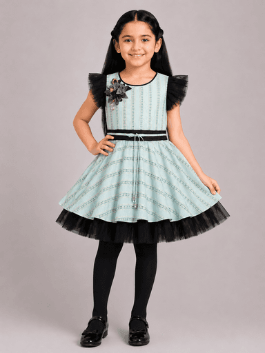 Girls’ striped Reshmi frock with black net frill detailing, floral embellishment and black tights 2-piece party suit