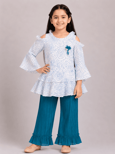 Girls’ Floral Chiffon Cold-Shoulder Top & Flared Trouser 2-Piece Suit