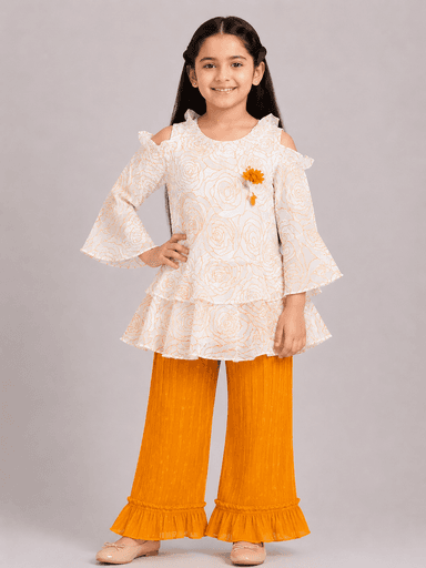 Girls’ Floral Chiffon Cold-Shoulder Top & Flared Trouser 2-Piece Suit