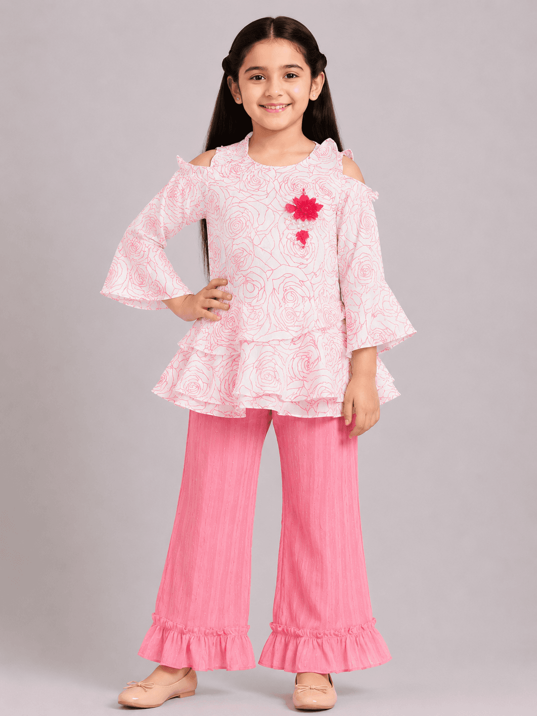 Girls’ Floral Chiffon Cold-Shoulder Top & Flared Trouser 2-Piece Suit
