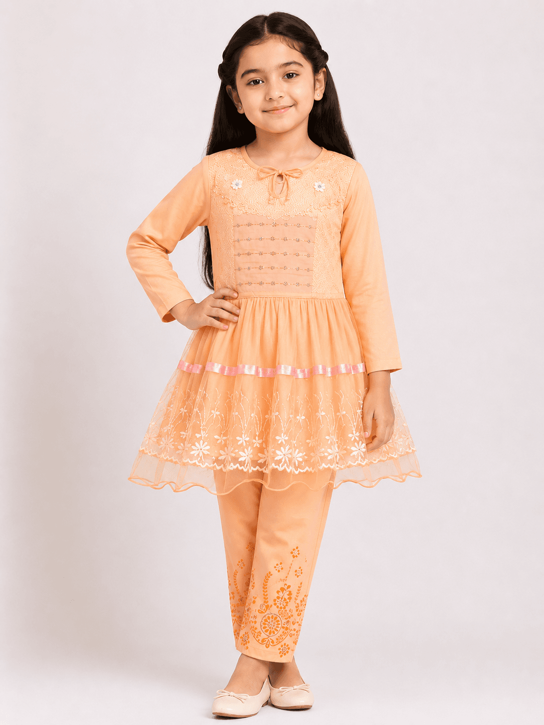 Girls’ Embellished Jersey Frock-Style Top with Matching Trouser 2-Piece Suit