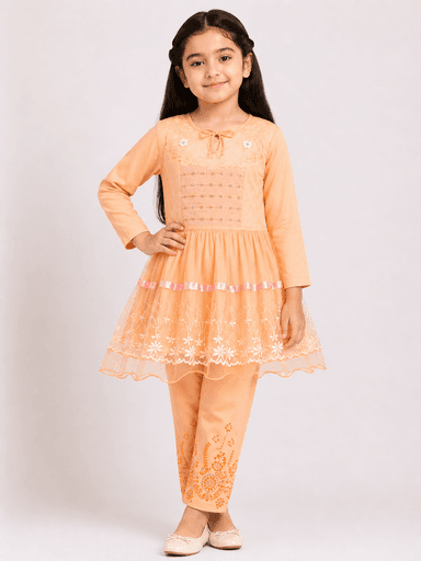 Girls’ Embellished Jersey Frock-Style Top with Matching Trouser 2-Piece Suit
