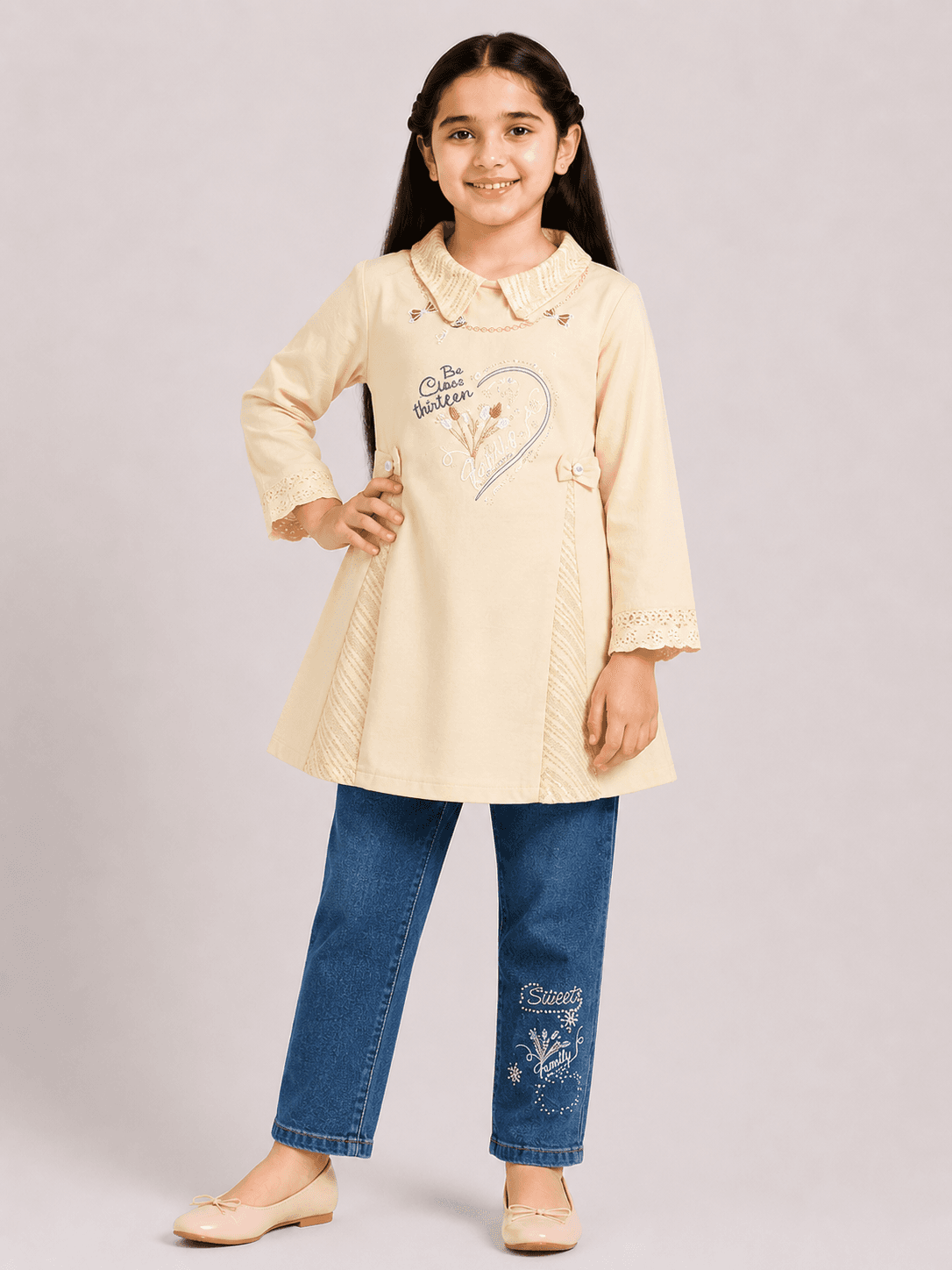 Girls’ Jersey Long Top with Embellished Jeans Pant 2-Piece Suit