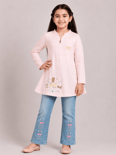 Girls’ Embellished Jersey Long Shirt with Flared Jeans Pant 2-Piece Suit