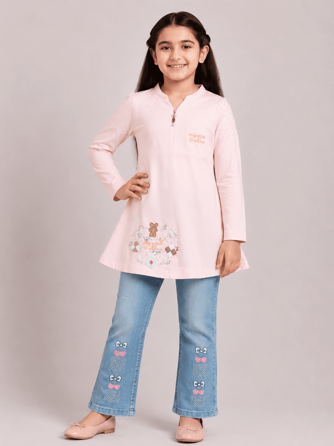 Girls’ Embellished Jersey Long Shirt with Flared Jeans Pant 2-Piece Suit