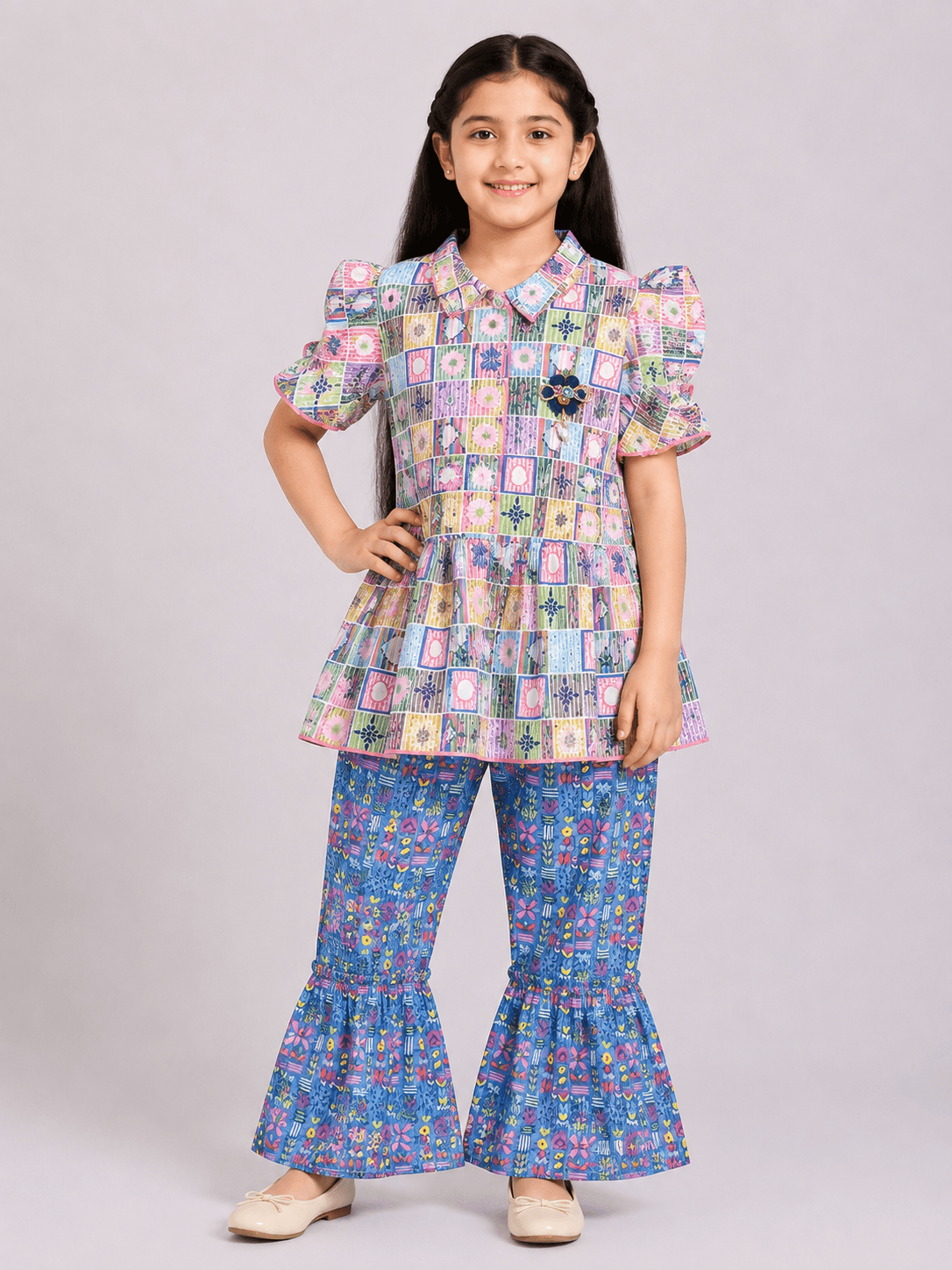 Girls’ Multicolor Printed Lawn Peplum Top & Flared Trouser Suit