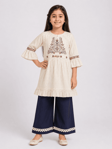 Girls’ Embroidered Lawn Kurti & Navy Blue Palazzo 2-Piece Suit