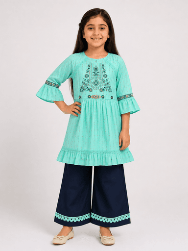 Girls’ Embroidered Lawn Kurti & Navy Blue Palazzo 2-Piece Suit