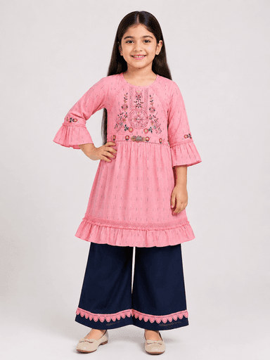 Girls’ Embroidered Lawn Kurti & Navy Blue Palazzo 2-Piece Suit