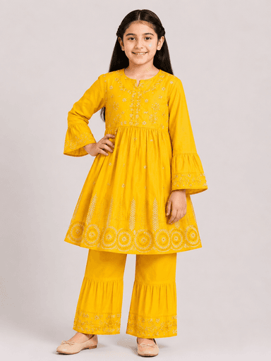 Girls’ Embroidered Lawn Flared Kurti & Trouser 2-Piece Suit