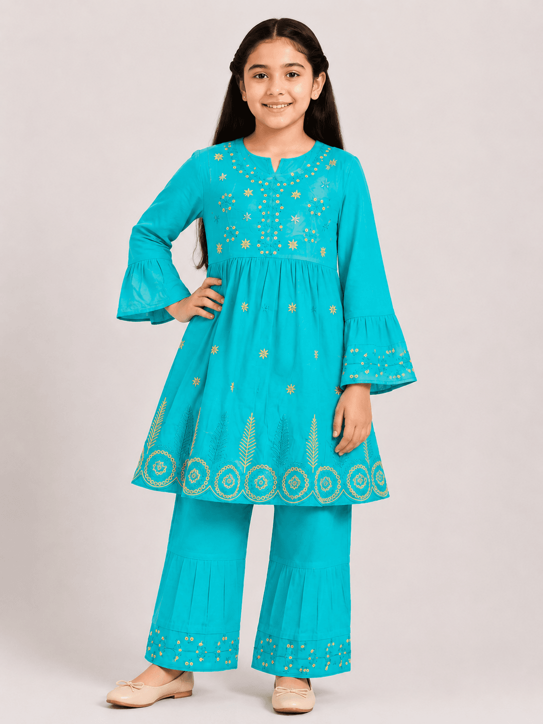 Girls’ Embroidered Lawn Flared Kurti & Trouser 2-Piece Suit