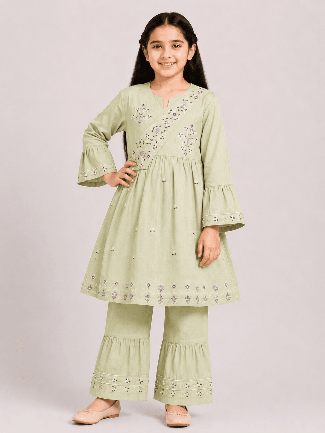 Girls’ Embroidered Lawn Frock & Trouser 2-Piece Suit