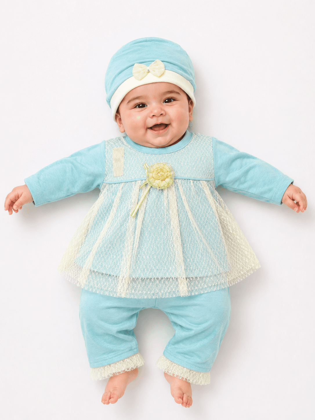 Newborn Baby Girls’ Jersey Lace Overlay 3-Piece Suit with Matching Cap
