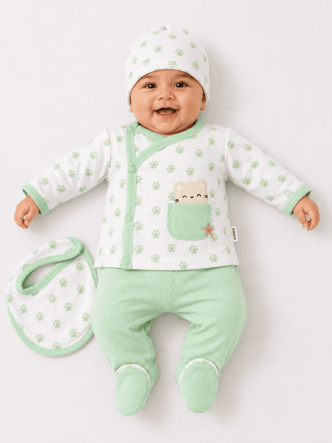 Newborn Baby Boys’ Jersey 4-Piece Printed Suit with Cap & Bib