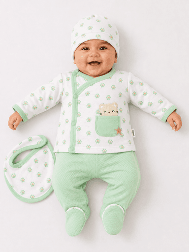 Newborn Baby Boys’ Jersey 4-Piece Printed Suit with Cap & Bib