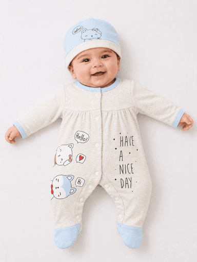 Newborn Baby Boys & Girls Unisex Jersey Printed Romper with Cap
