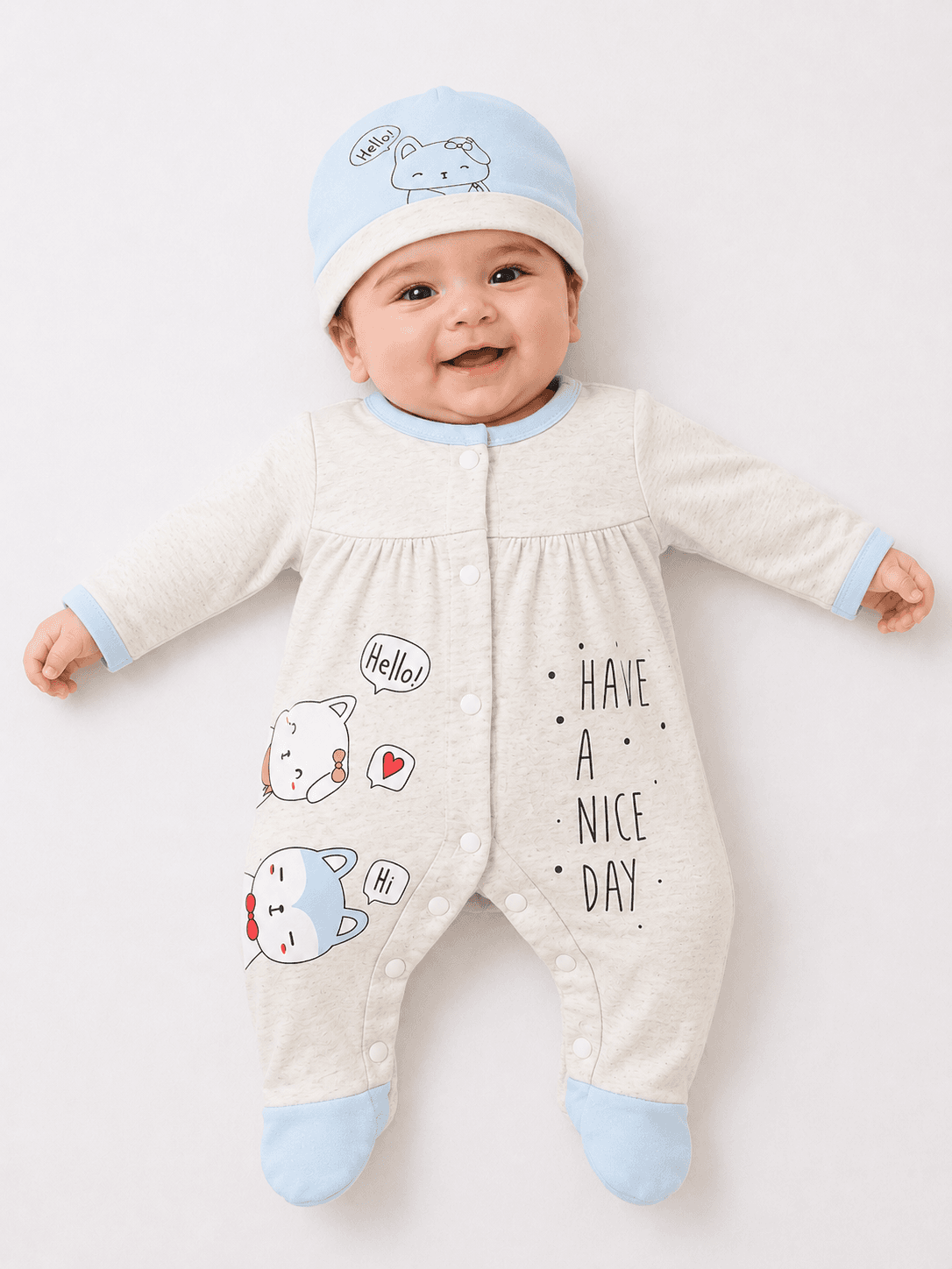 Newborn Baby Boys & Girls Unisex Jersey Printed Romper with Cap