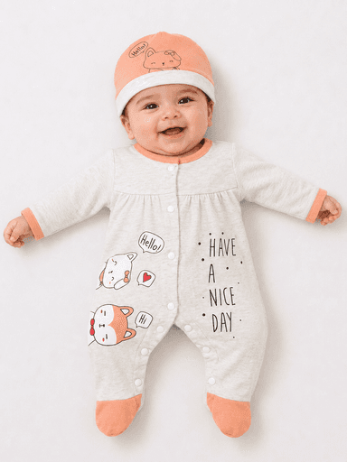 Newborn Baby Boys & Girls Unisex Jersey Printed Romper with Cap