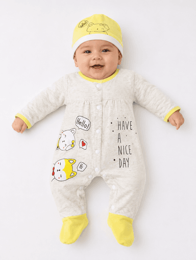 Newborn Baby Boys & Girls Unisex Jersey Printed Romper with Cap