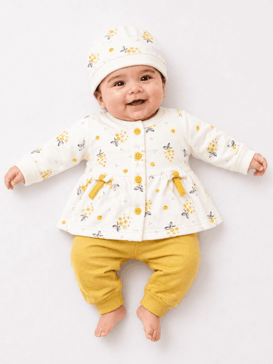 Baby Girls Printed Jersey Frock Suit with Trouser & Cap – 3 Piece Set