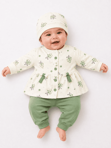 Baby Girls Printed Jersey Frock Suit with Trouser & Cap – 3 Piece Set