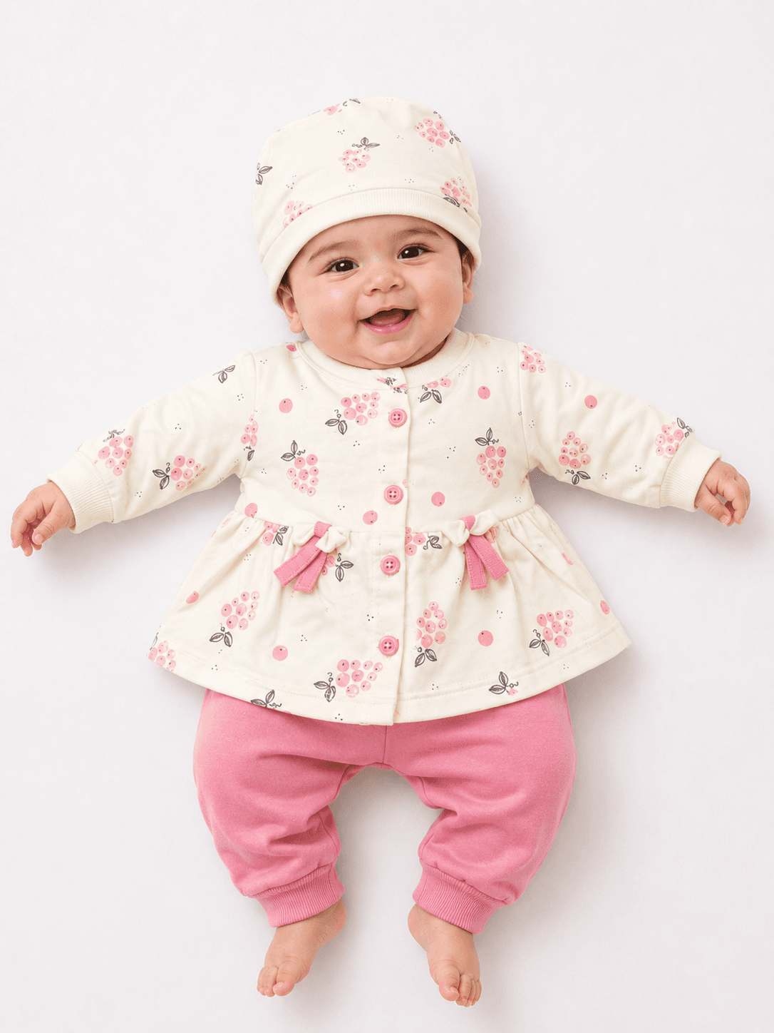 Baby Girls Printed Jersey Frock Suit with Trouser & Cap – 3 Piece Set