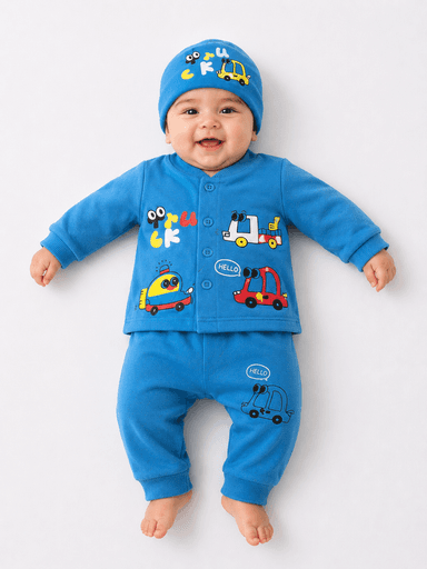 Newborn Baby Boys Cartoon Vehicle Printed Jersey Suit with Cap – 3 Piece Set