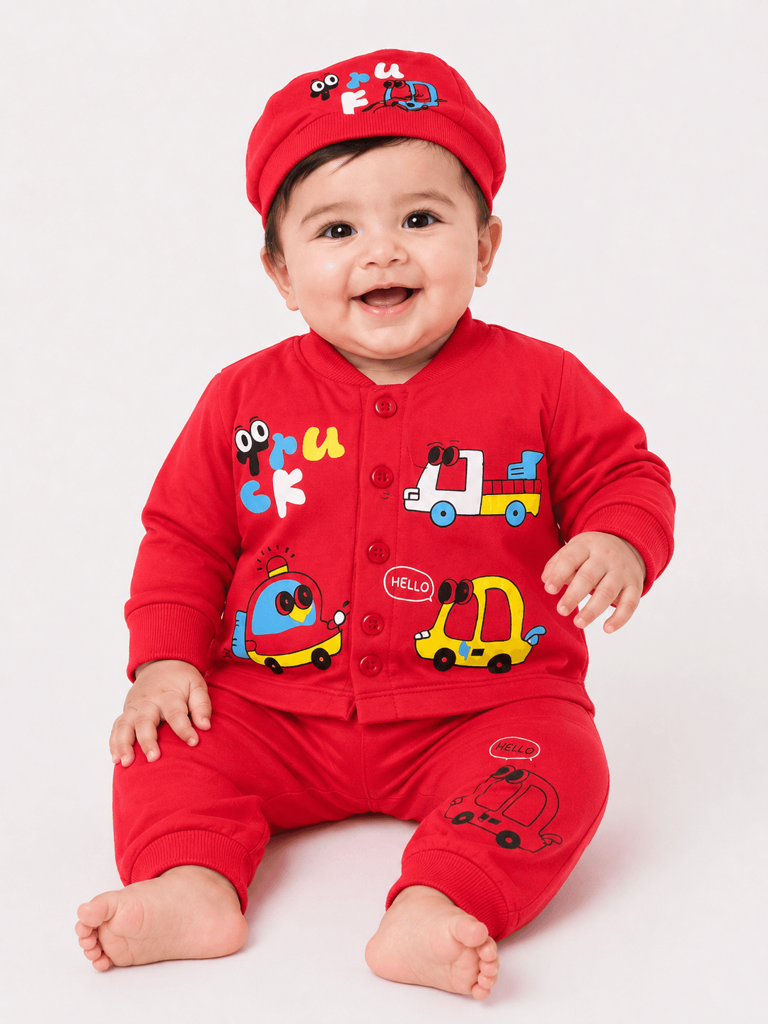 Newborn Baby Boys Cartoon Vehicle Printed Jersey Suit with Cap – 3 Piece Set