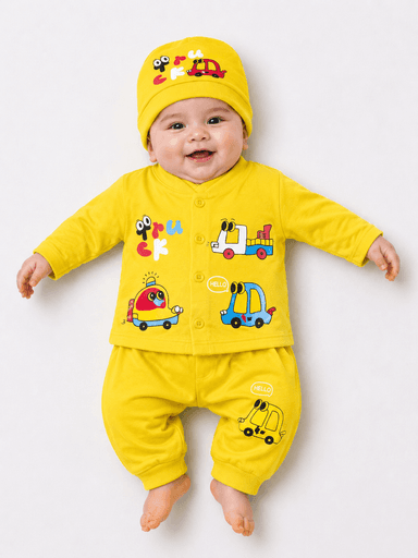Newborn Baby Boys Cartoon Vehicle Printed Jersey Suit with Cap – 3 Piece Set