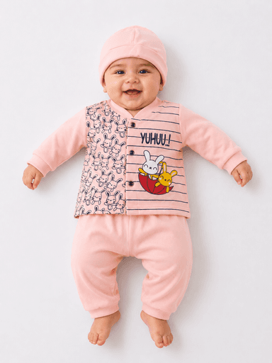 Newborn Unisex Baby Jersey Printed 3-Piece Suit with Cap