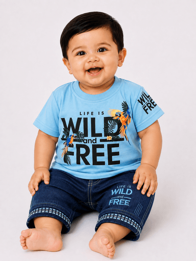 Baby Boys Wild & Free Printed Jersey T-Shirt & Denim-Style Nicker 2-Piece Suit