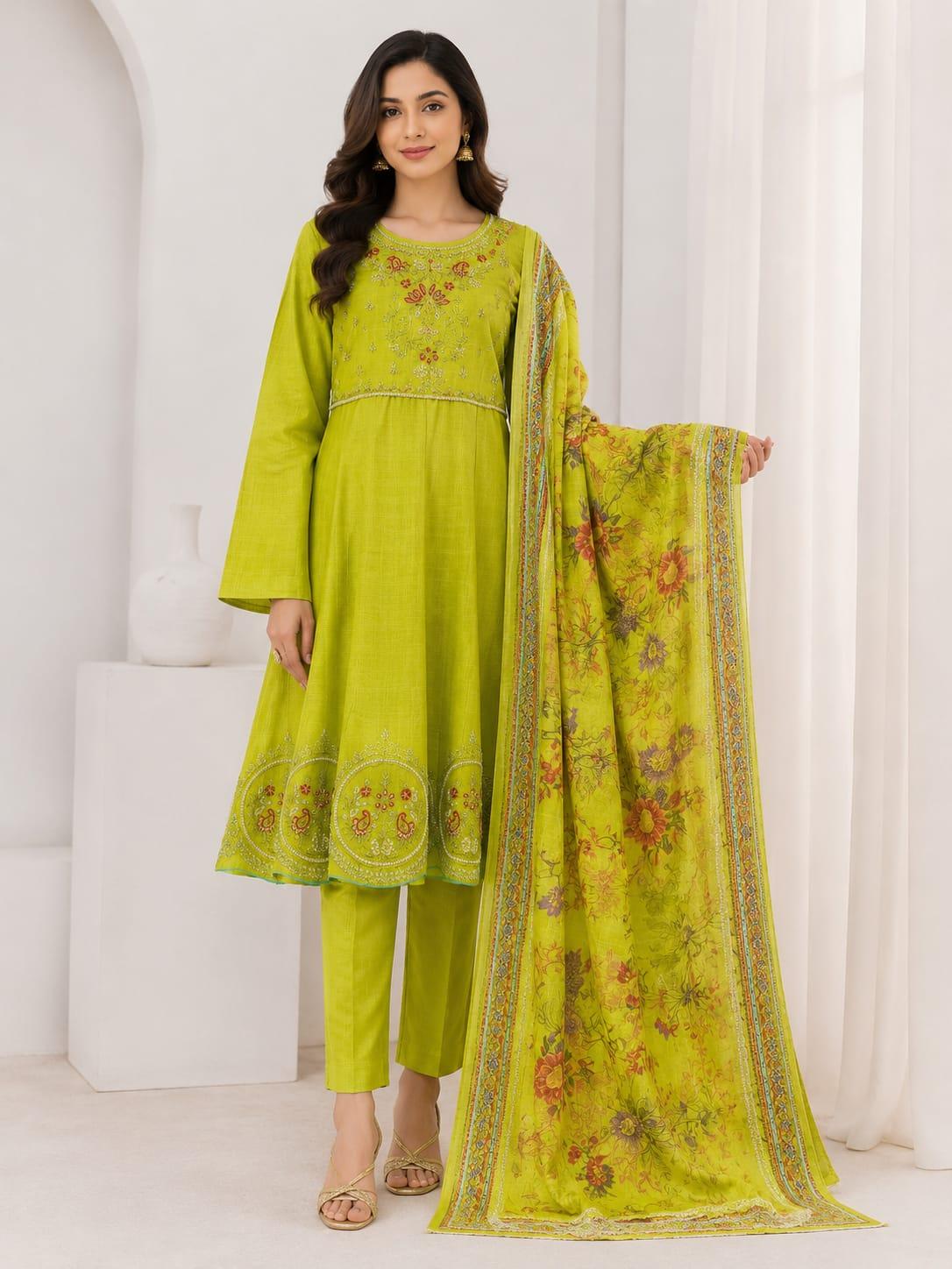 Ladies Embroidered Lawn Frock Suit with Printed Dupatta – 3-Piece