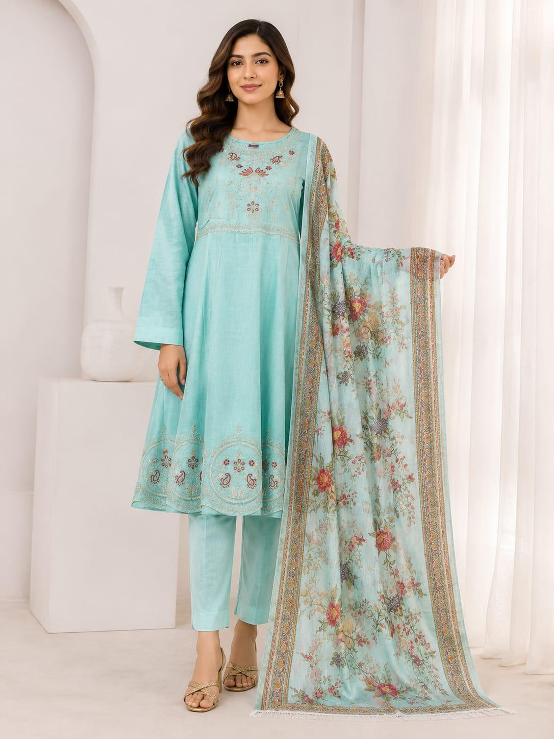 Ladies Embroidered Lawn Frock Suit with Floral Printed Dupatta – 3-Piece